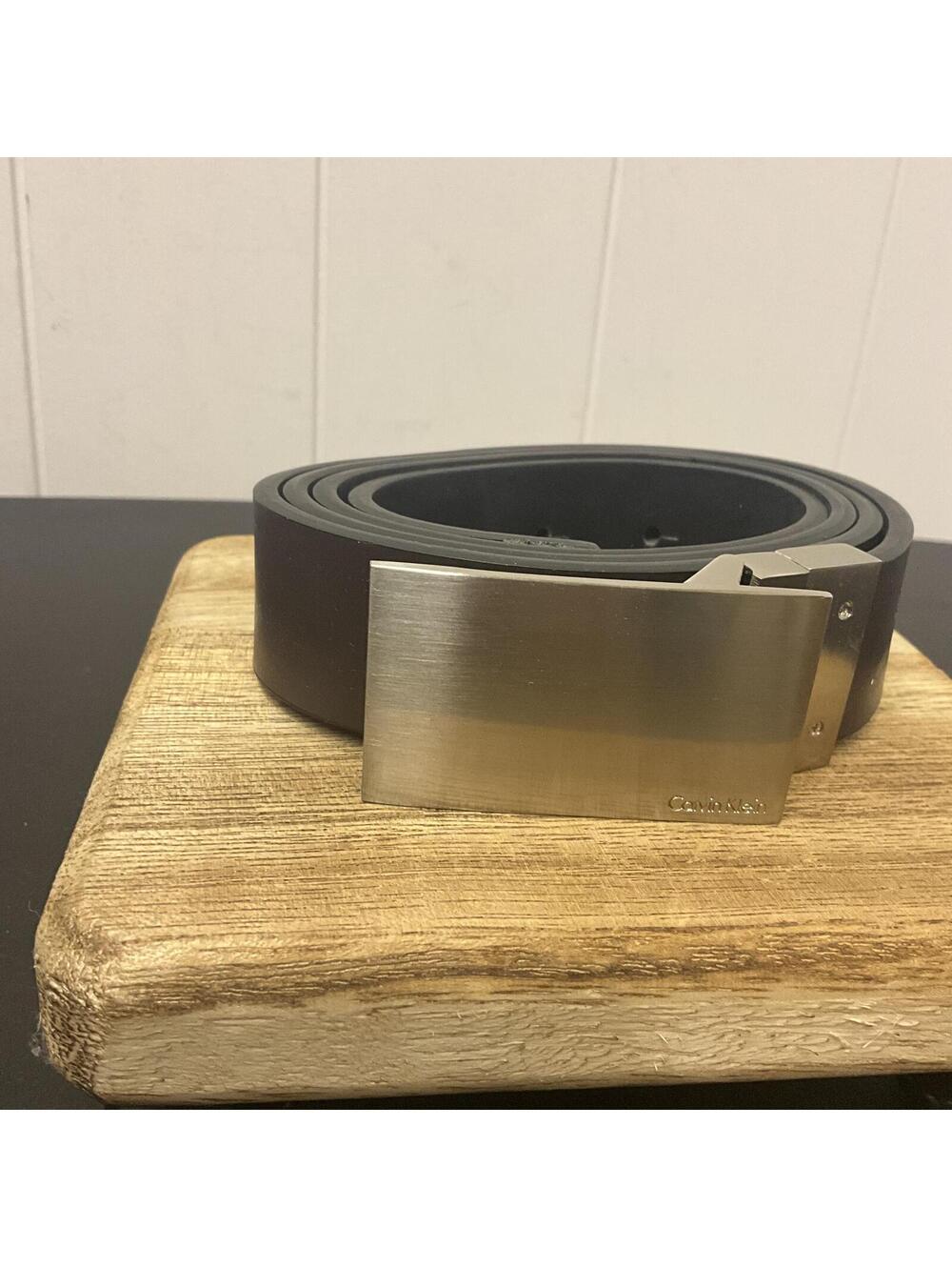 Calvin Klein Men's Size Medium 43" Length Black Leather Silver Hardware Belt